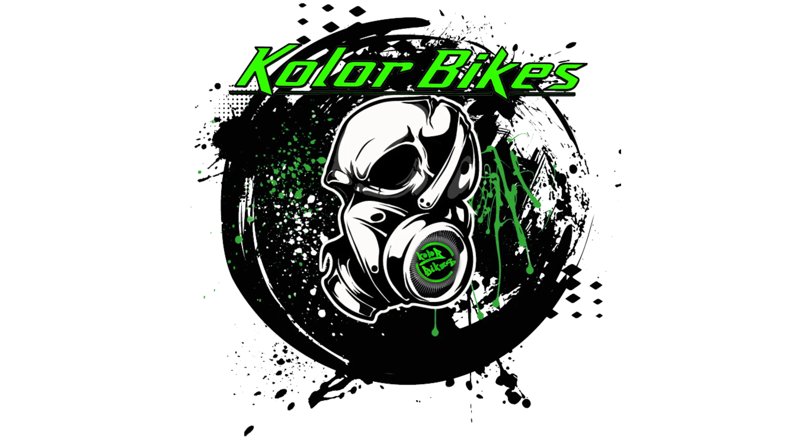 Logo de la société kolor bikes avec une tête de mot et un masque de peinture dans un cercle.